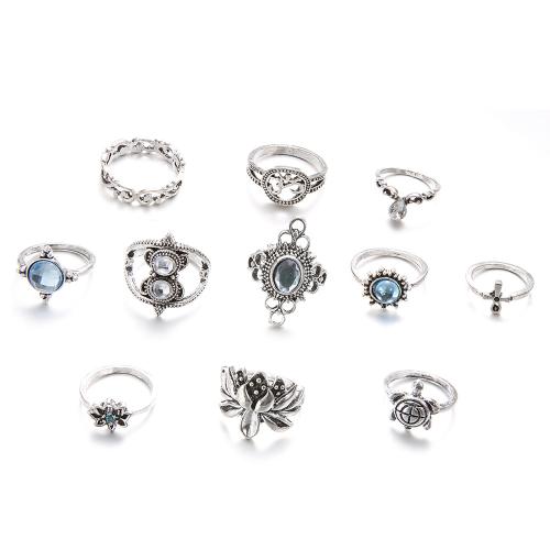 Zinc Alloy Ring Set, antique silver color plated, eleven pieces & for woman & with rhinestone 