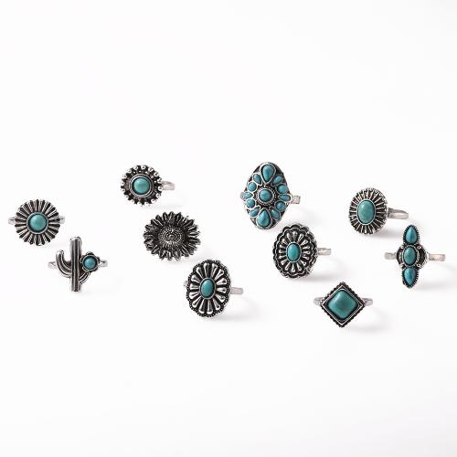 Zinc Alloy Ring Set, with Synthetic Turquoise, antique silver color plated, 10 pieces & for woman 