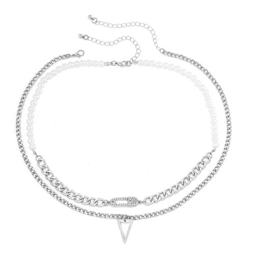 Zinc Alloy Necklace, with Titanium Steel & iron chain & Plastic Pearl, with 2.7inch extender chain, Triangle, platinum color plated, Double Layer & for man & with rhinestone Approx 17.7 Inch 