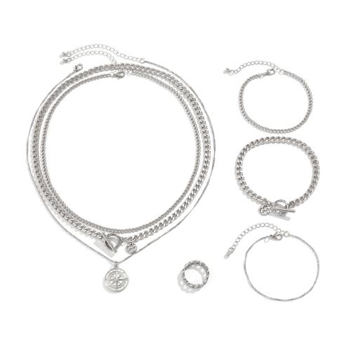 Zinc Alloy Jewelry Set, finger ring & bracelet & necklace, with iron chain, platinum color plated, 5 pieces & for man, US Ring .5 Approx 17.7 Inch, Approx 19.7 Inch, Approx 7 Inch, Approx 8 Inch 