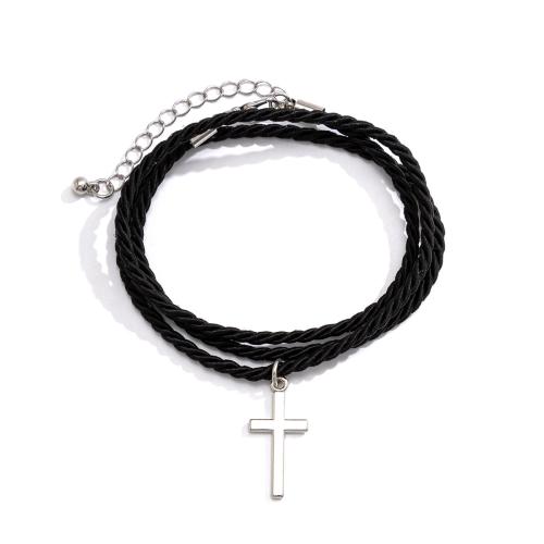 alliage de zinc bracelet, avec corde de coton, avec 1.9inch chaînes de rallonge, croix, Placage de couleur platine, multicouche & tressé & pour homme Environ 17.7 pouce, Vendu par PC