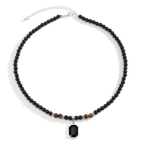 Acrylique collier, avec oeil de tigre & Acier inoxydable 304, avec 2.7inch chaînes de rallonge, Motif géométrique, fait à la main, bijoux de mode & pour homme Environ 17.7 pouce, Vendu par PC