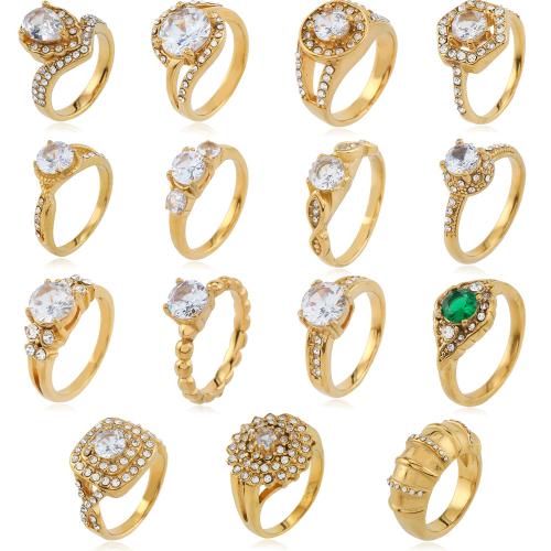 Cubic Zirconia Stainless Steel Finger Ring, 304 Stainless Steel, fashion jewelry  & micro pave cubic zirconia & for woman, golden 