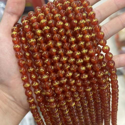 Natural Red Agate Beads, Round, Carved, fashion jewelry & DIY & gold accent, red Approx 38 cm 