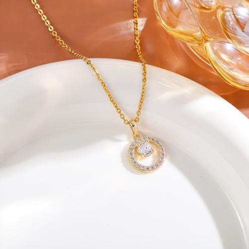 Cubic Zircon Micro Pave Brass Necklace, with Titanium Steel & Crystal, Donut, gold color plated, fashion jewelry & micro pave cubic zirconia & for woman & hollow Approx 41-50 cm 