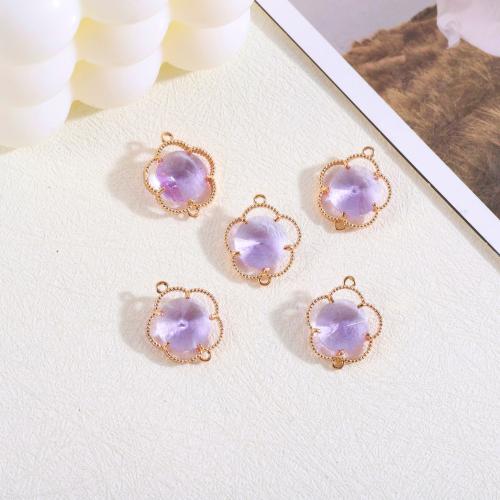 Crystal Brass Connector, with Crystal, Flower, gold color plated, fashion jewelry & DIY & 1/1 loop & hollow, purple 