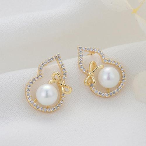 Cubic Zirconia Micro Pave Brass Earring, with Glass Pearl, Calabash, fashion jewelry & micro pave cubic zirconia & for woman 