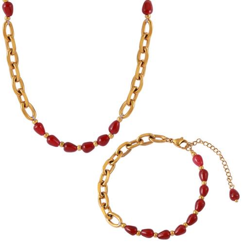 Titanium Steel Jewelry Set, with Red Agate, 18K gold plated, fashion jewelry & for woman, golden 