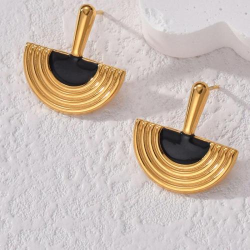 Titanium Steel Earrings, gold color plated, for woman & enamel, black, 21mm 
