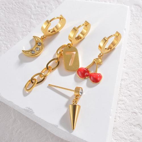 Boucles d'oreilles en acier titane, Placage de couleur d'or, pour femme & émail & avec strass, couleurs mélangées, Vendu par fixé