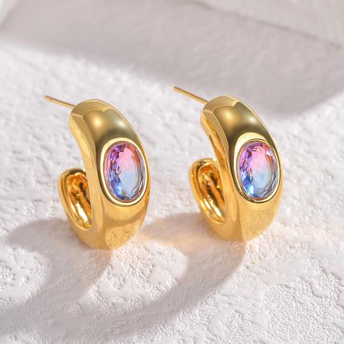 Titanium Steel Earrings, with Plastic Pearl, gold color plated & for woman & with rhinestone 