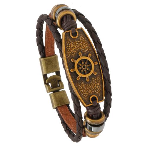 PU Leather Cord Bracelets, Zinc Alloy, with PU Leather & Copper Coated Plastic, handmade, three layers & fashion jewelry & for man, brown .1cm cm 