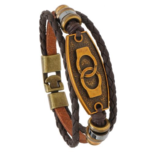 PU Leather Cord Bracelets, Zinc Alloy, with PU Leather & Copper Coated Plastic, handmade, three layers & fashion jewelry & for man, brown cm 