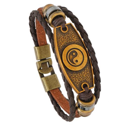 PU Leather Cord Bracelets, Zinc Alloy, with PU Leather & Copper Coated Plastic, handmade, three layers & fashion jewelry & for man, brown cm 