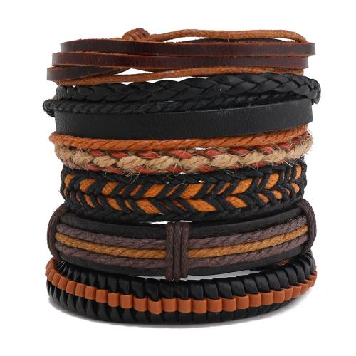 PU Leather Cord Bracelets, with Linen & Wax Cord, handmade, 6 pieces & fashion jewelry & for man about 5.5-6.5cm 