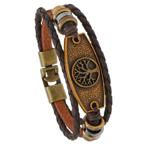 PU Leather Cord Bracelets, Zinc Alloy, with PU Leather & Copper Coated Plastic, handmade, three layers & fashion jewelry & for man, brown Approx 21 cm 