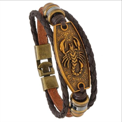 PU Leather Cord Bracelets, Zinc Alloy, with PU Leather & Copper Coated Plastic, handmade, three layers & fashion jewelry & for man, brown Approx 21 cm 