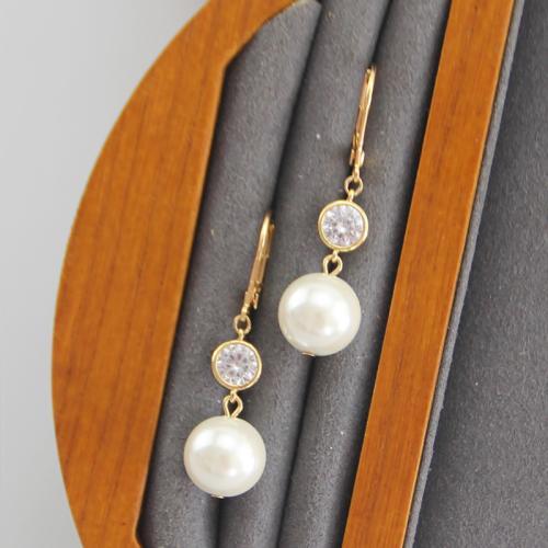 Befestiger Zirkonia Messing Ohrring, mit Kunststoff Perlen, plattiert, Micro pave Zirkonia & für Frau, goldfarben, verkauft von Paar