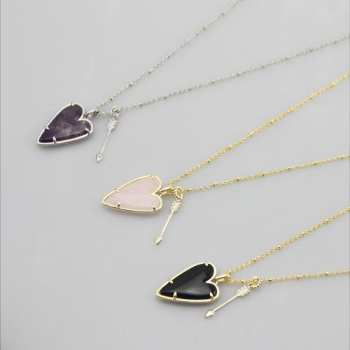 Gemstone Necklaces, Brass, with Gemstone & Rose Quartz, plated & micro pave cubic zirconia & for woman Approx 50-54 cm 