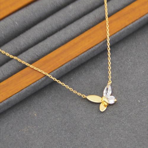 Brass Cubic Zirconia Necklace, with 7CM extender chain, Butterfly, plated, micro pave cubic zirconia & for woman, golden Approx 43 cm 