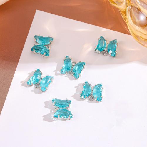 Crystal Brass Pendants, with Crystal, Butterfly, silver color plated, fashion jewelry & DIY, blue 