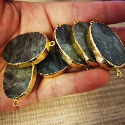Gemstone Connector, Labradorite, with Brass, Flat Oval, gold color plated, fashion jewelry & DIY & 1/1 loop, grey 