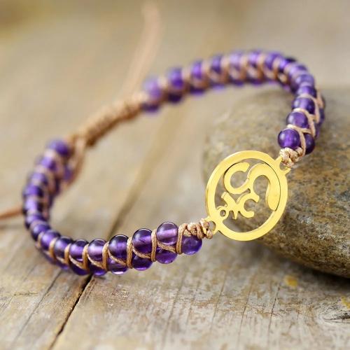 Quartz Bracelets, Amethyst, with Knot Cord & 304 Stainless Steel, with 6cm extender chain, Round, Vacuum Ion Plating, Adjustable & fashion jewelry & Unisex & hollow 4mm Approx 16 cm 