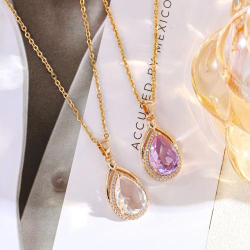 Cubic Zircon Micro Pave Brass Necklace, with Titanium Steel & Crystal, Teardrop, gold color plated, fashion jewelry & micro pave cubic zirconia & for woman Approx 41-50 cm 