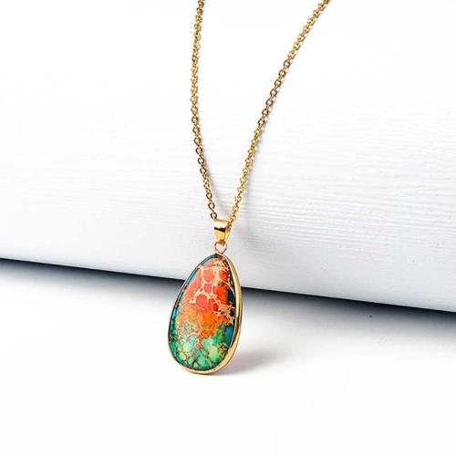 Gemstone Necklaces, Impression Jasper, with Brass & 304 Stainless Steel, with 5cm extender chain, Teardrop, gold color plated, fashion jewelry & Unisex nickel, lead & cadmium free Approx 40 cm 