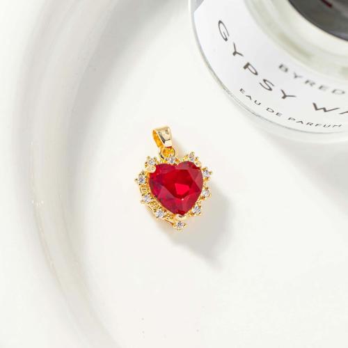 Cubic Zirconia Micro Pave Brass Pendant, with Crystal, Heart, gold color plated, fashion jewelry & DIY & micro pave cubic zirconia, red 