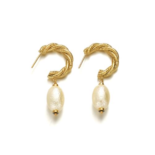 Boucle d'oreille en acier inoxydable Dangle, Acier inoxydable 304, avec perle de plastique, Plaqué d'or 14K, bijoux de mode & pour femme, doré, Vendu par paire