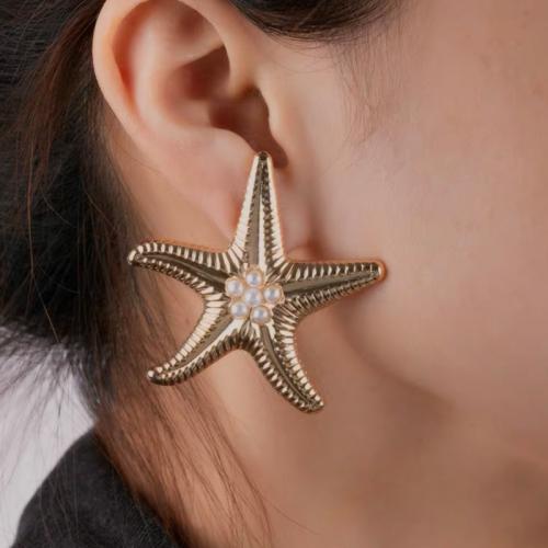 Stainless Steel Stud Earring, 304 Stainless Steel, with Plastic Pearl, Starfish, gold color plated, for woman, 40mm 