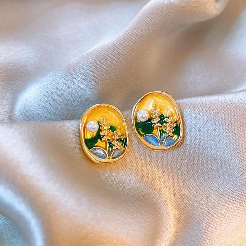 Brass Stud Earring, with ABS Plastic Pearl, plated, fashion jewelry & enamel, golden 