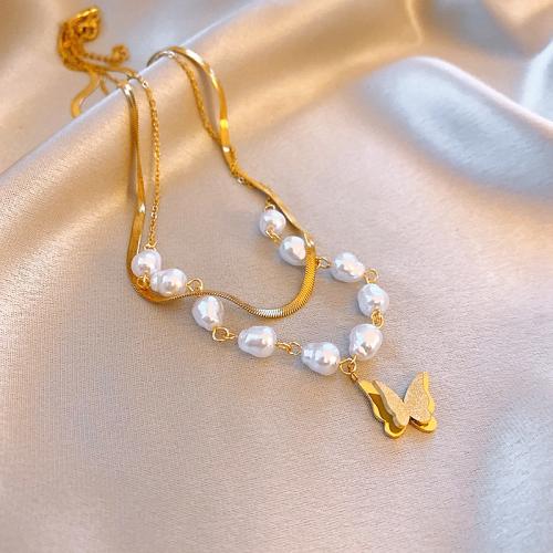 Collar de la joyería de titanio, Partículas de acero, con Perlas de plástico ABS, con 7.4cm extender cadena, Mariposa, chapado, dorado, longitud:37.1 cm, Vendido por UD