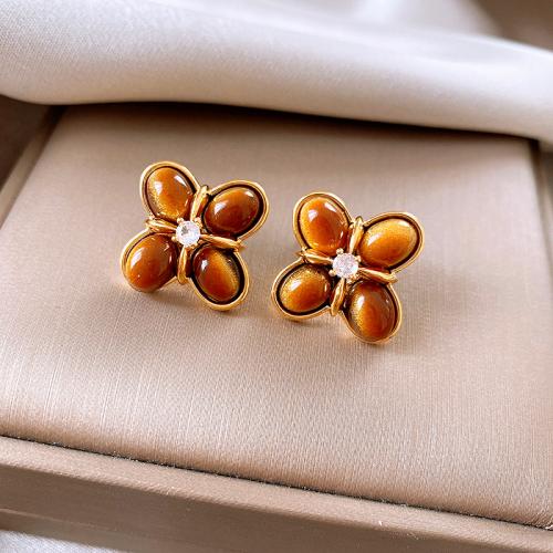 Cubic Zirconia Micro Pave Brass Earring, with Tiger Eye, Flower, plated, fashion jewelry & micro pave cubic zirconia, coffee color 