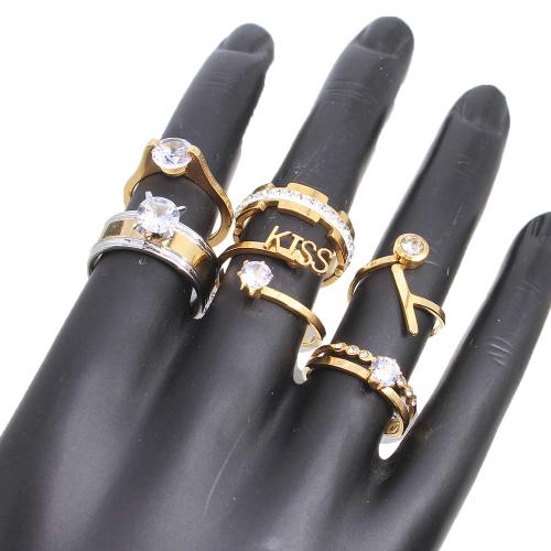 Rhinestone Stainless Steel Finger Ring, 304 Stainless Steel, plated, fashion jewelry & with rhinestone, golden, Box ring ring number mixed 16-20 