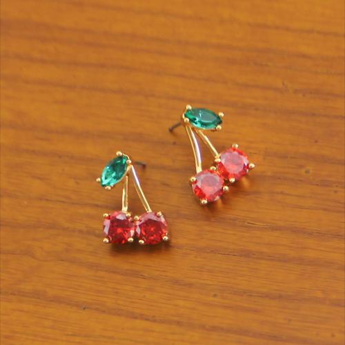 Cubic Zirconia Micro Pave Brass Earring, Cherry, plated & micro pave cubic zirconia & for woman, golden 