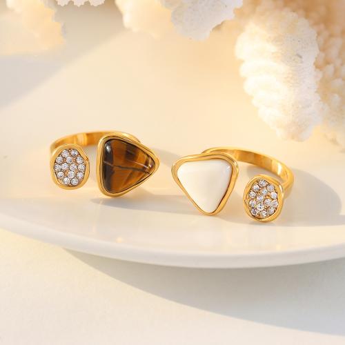 Cubic Zirconia Micro Pave Brass Finger Ring, Titanium Steel, with Tiger Eye & Freshwater Shell, fashion jewelry & micro pave cubic zirconia & for woman US Ring 