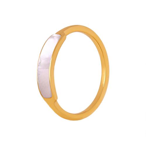 Titanium Steel Finger Ring, with White Shell, 18K gold plated, fashion jewelry & for woman, golden 