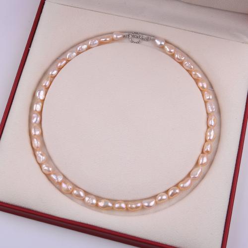 Natural Freshwater Pearl Necklace, with Zinc Alloy, Keshi, silver color plated, fashion jewelry & Unisex, pink, Length about 7-8mm Approx 31-40 cm 