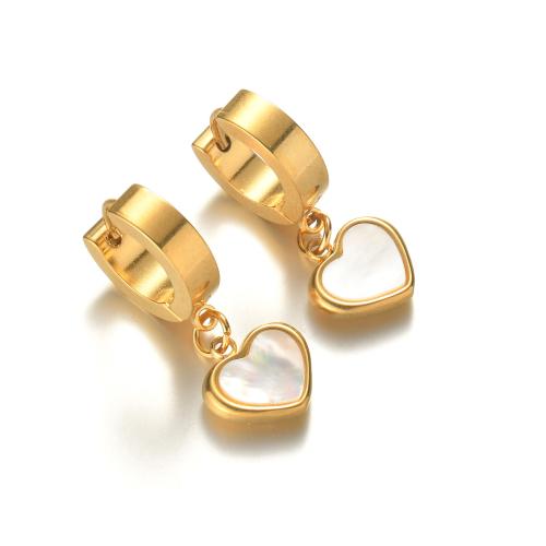 Huggie Hoop Drop Earring, Acier inoxydable 304, avec coquille, coeur, bijoux de mode & pour femme, doré, Vendu par paire