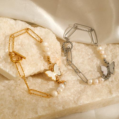 Stainless Steel Chain Bracelets, 304 Stainless Steel, with Plastic Pearl, Butterfly, plated, fashion jewelry mm 