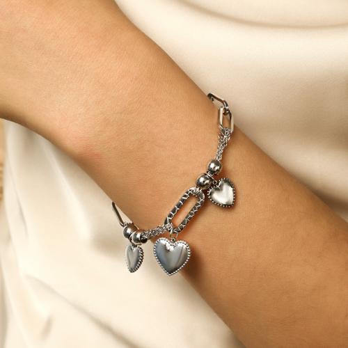 Stainless Steel Charm Bracelet, 304 Stainless Steel, with 45mm extender chain, Heart, plated, fashion jewelry, silver color mm 