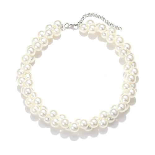 Collar de perlas de plástico, aleación de zinc, con Perlas plásticas, con 6cm extender cadena, chapado, Joyería, Blanco, longitud:40 cm, Vendido por UD