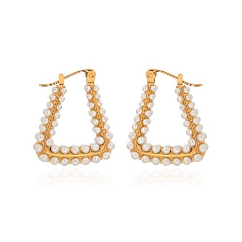 Stainless Steel Leverback Earring, 316 Stainless Steel, with Plastic Pearl, 18K gold plated, fashion jewelry & for woman, golden 