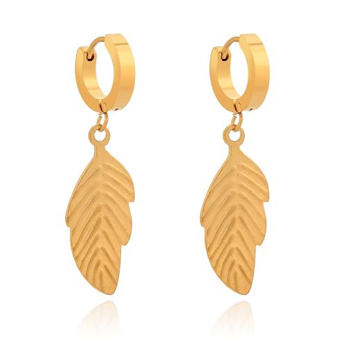 Huggie Hoop Drop Earring, 316 Stainless Steel, Leaf, 18K gold plated, fashion jewelry & for woman, golden 