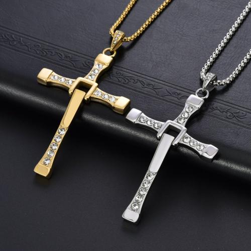 Stainless Steel Jewelry Necklace, 304 Stainless Steel, Cross, polished, Unisex  & with rhinestone Approx 60 cm 