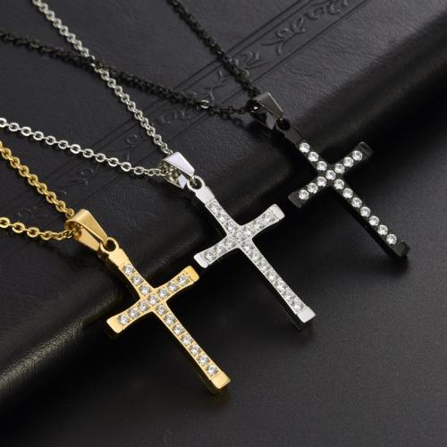 Stainless Steel Jewelry Necklace, 304 Stainless Steel, Cross, polished & for woman & with rhinestone Approx 60 cm 