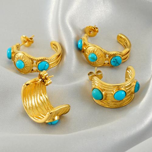 Stainless Steel Stud Earring, 304 Stainless Steel, with turquoise, 18K gold plated, fashion jewelry & for woman, golden 