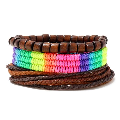 PU Leather Cord Bracelets, with Wax Cord & Wood, handmade, three pieces & fashion jewelry & Unisex, multi-colored about 6cm 